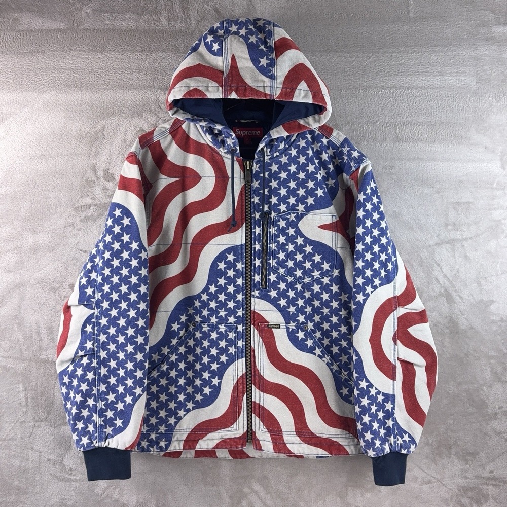 Supreme Flag Quilted Hooded Work Jacket Mens Size Medium Colored SS26 Canvas